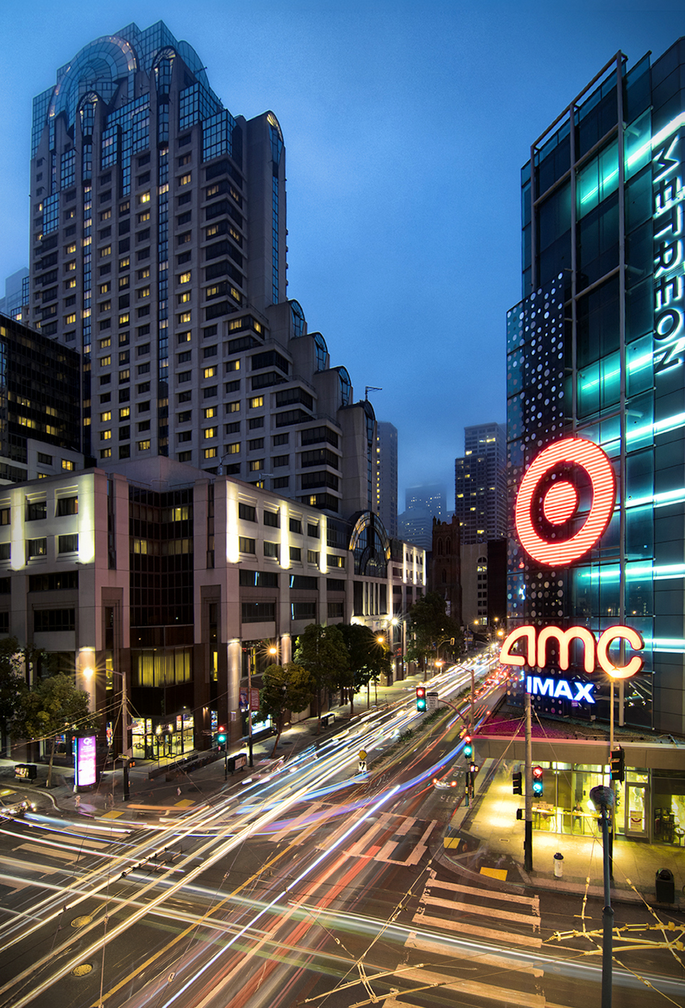Metreon intersection, San Francisco, at night