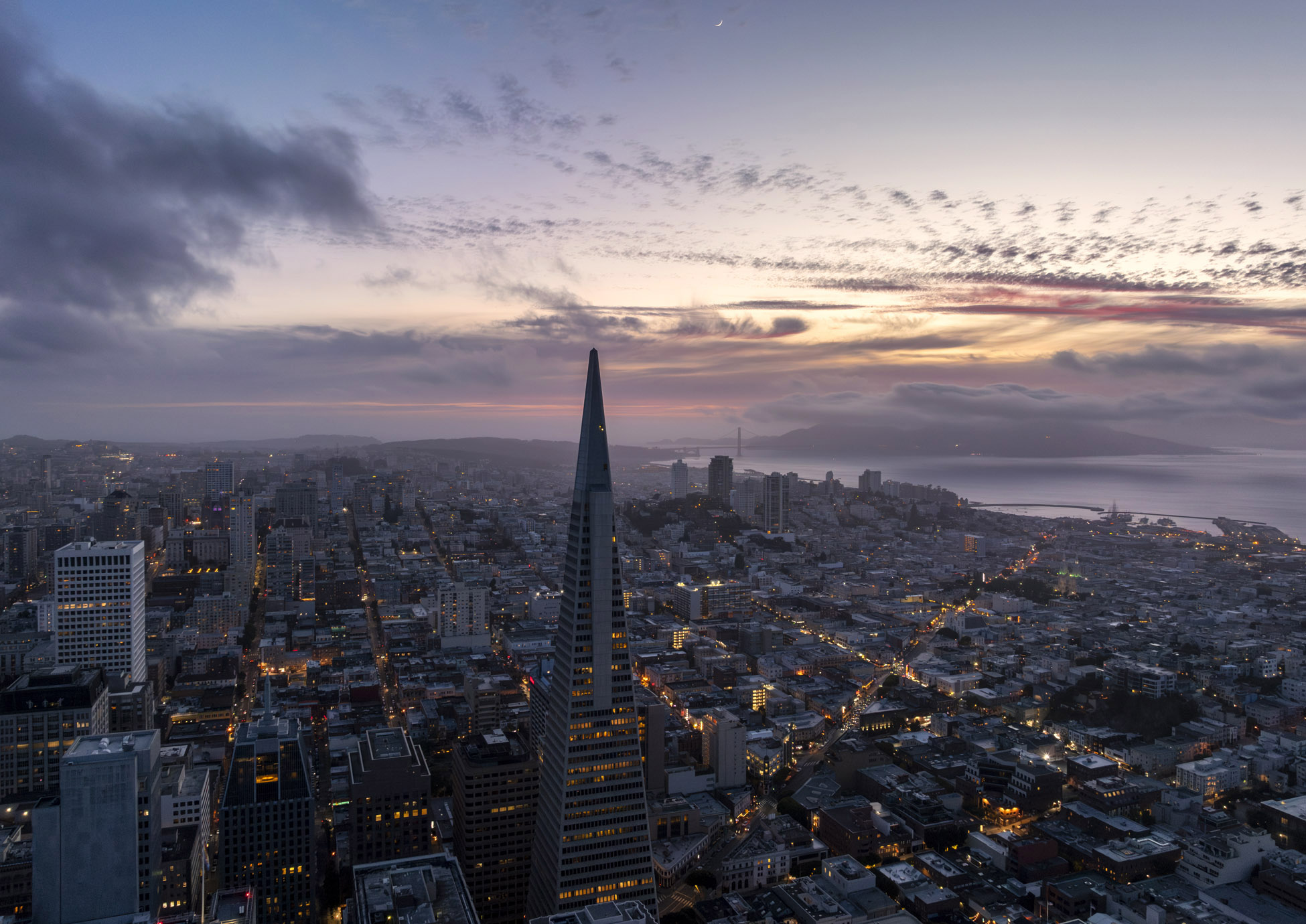 Transamerica Pyramid and Golden Gate, aerial sunset