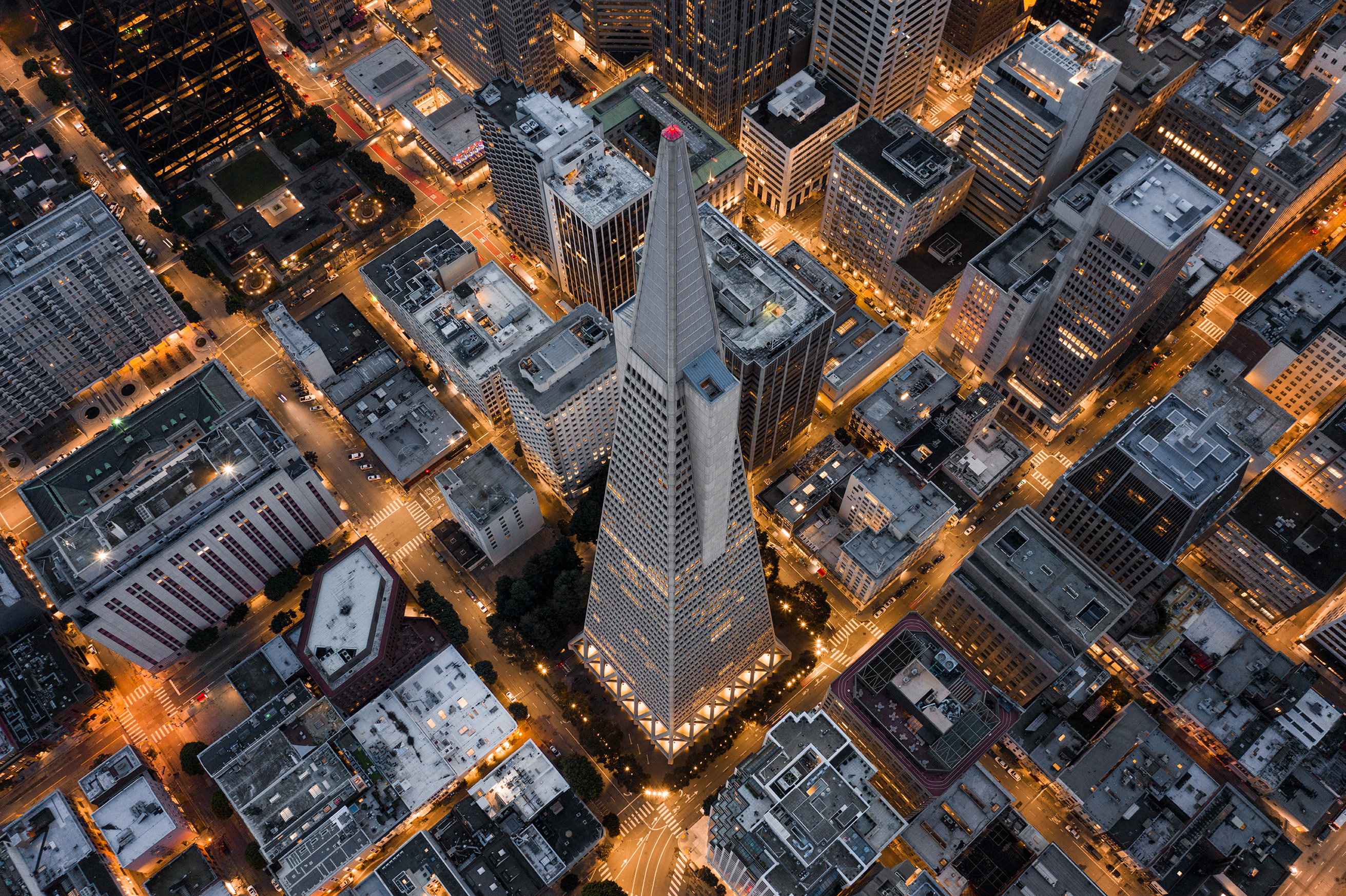 Aerial night view of the Transamerica Pyramid, San Francisco