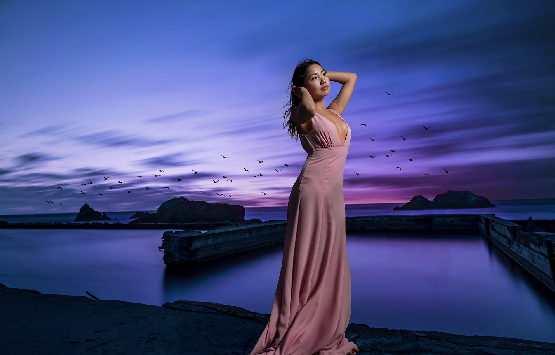 Portrait in a pink dress, Sutro Baths at blue hour, long exposure