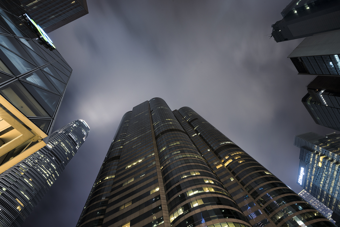 Looking up at the skyscrapers of Hong Kong at night